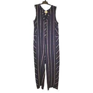 Laundry By Shelli Segal Women's SZ 12 Linen Blend Stripped Jumpsuit Blue & Grey